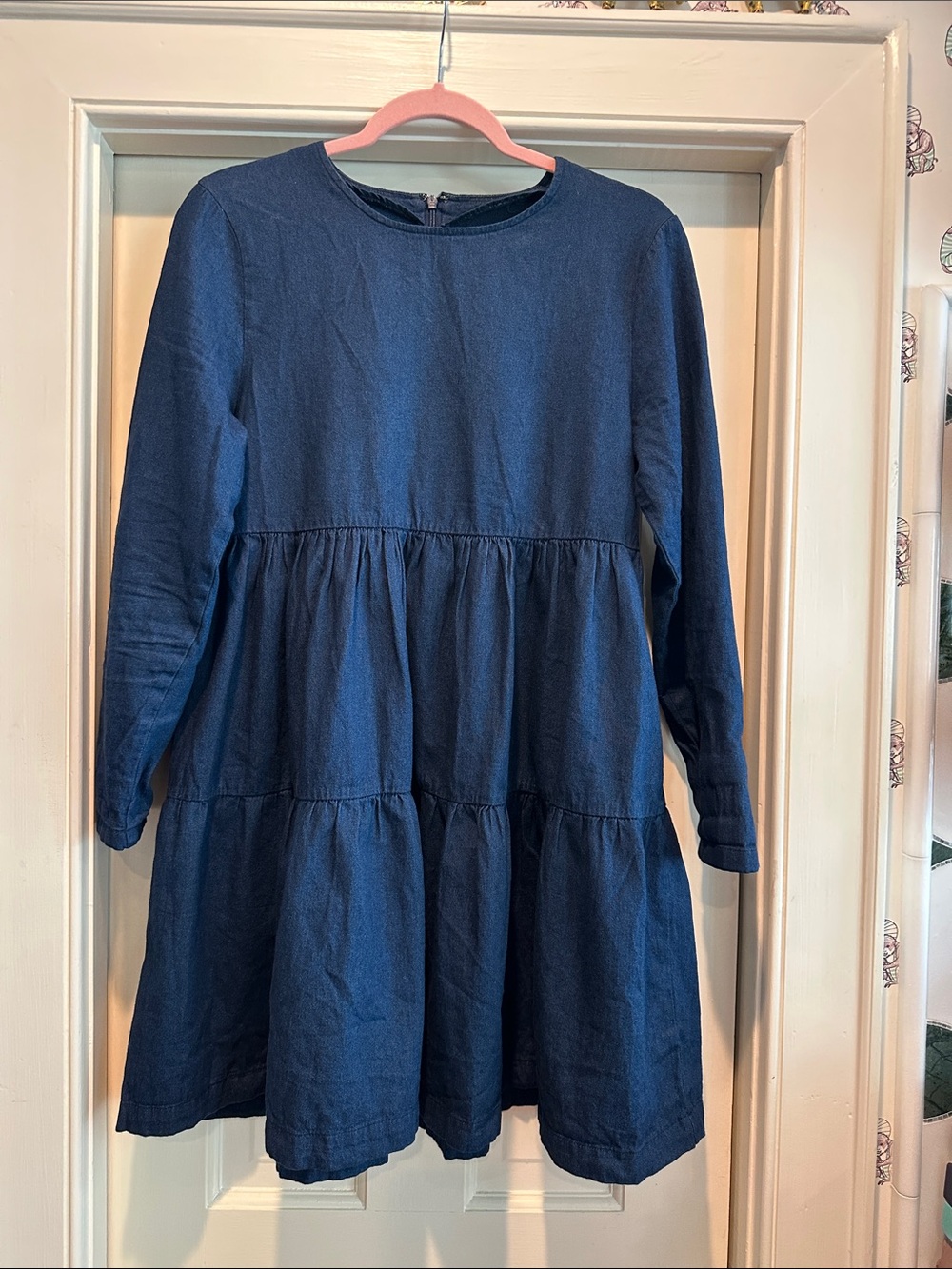 Chambray Tiered Long-Sleeve Dress